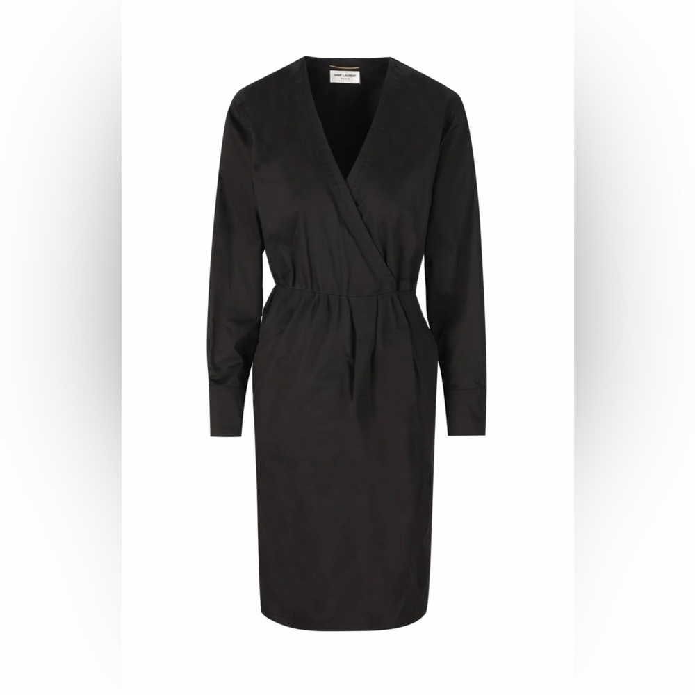 Saint Laurent Wrap Effect Mini Dress Black Cotton Twill Long Sleeve US 6 NWT